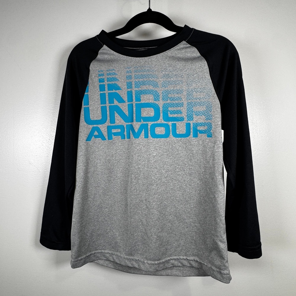Under Armour Boys 6 Gray Black Raglan Long Sleeve Graphic Shirt Athleisure
